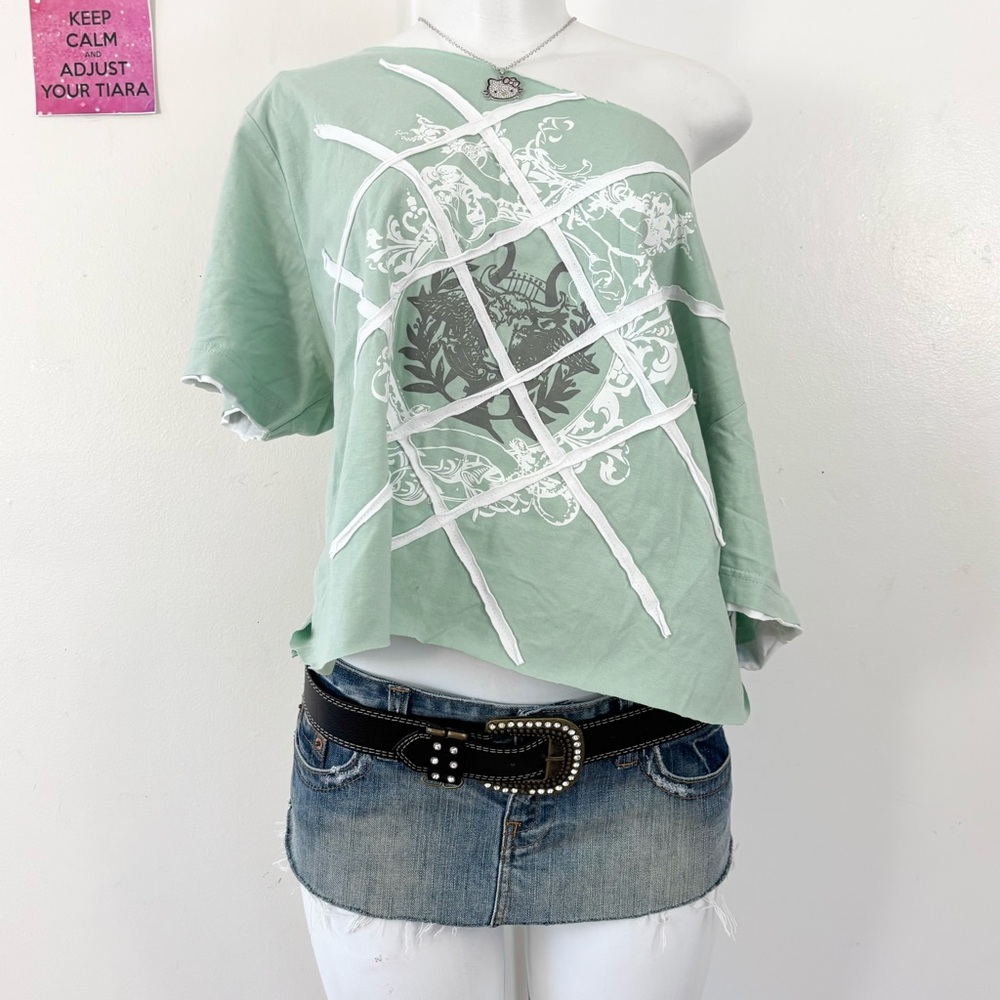 sage green one shoulder graphic top